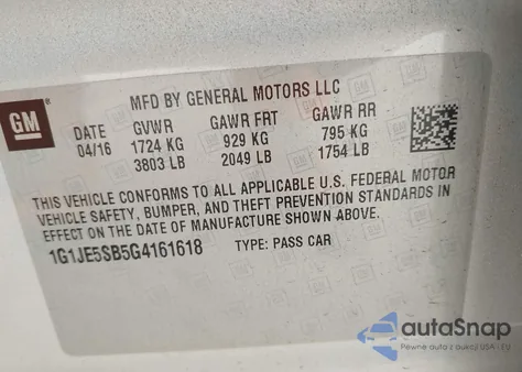 2016 Chevrolet Sonic Ltz Auto z USA, uszkodzony, nr VIN 1G1JE5SB5G4161618